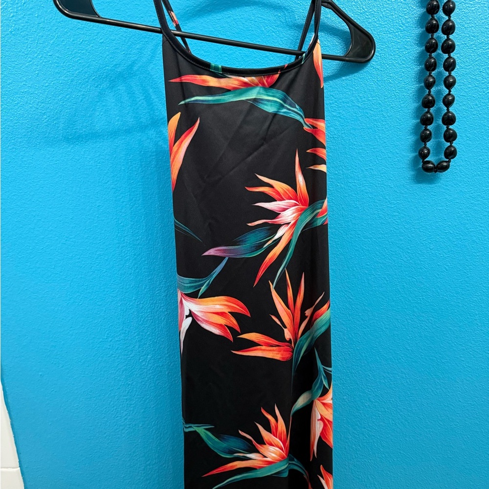 ⚡️Black Tropical Maxi Dress 2X Bodycon Ruched Hawaiian Print Open Back